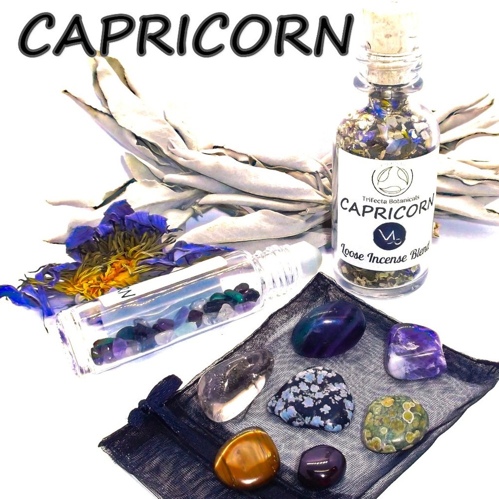 ♑ CAPRICORN Zodiac Gift Set ♑ Roller Bottle + Crystals + Loose Incense Blend